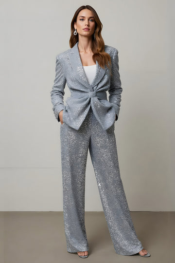 Sparkly Grey 2 Piece Sequins Peak Lapel Women Formal Suits with Pockets